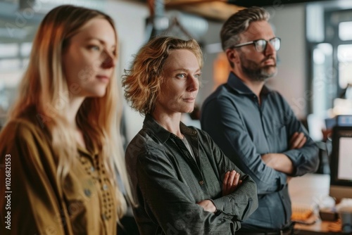 Confident business people standing with arms crossed and looking at camera in cafe