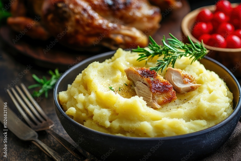 Mashed potatoes, gravy and turkey for Christmas or Thanksgiving dinner table - generative ai Mashed potatoes, gravy and turkey for Christmas or Thanksgiving dinner table - generative ai
