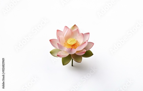 A single pink lotus flower with a yellow center and green leaves is displayed on a white background.