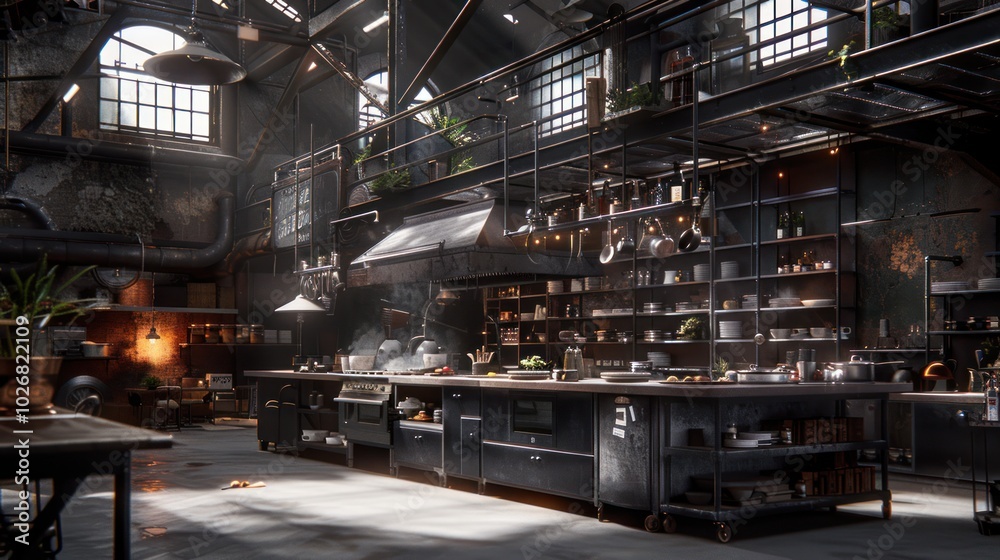 Industrial Kitchen with Black Cabinets and Stainless Steel Appliances Industrial Kitchen with Black Cabinets and Stainless Steel Appliances