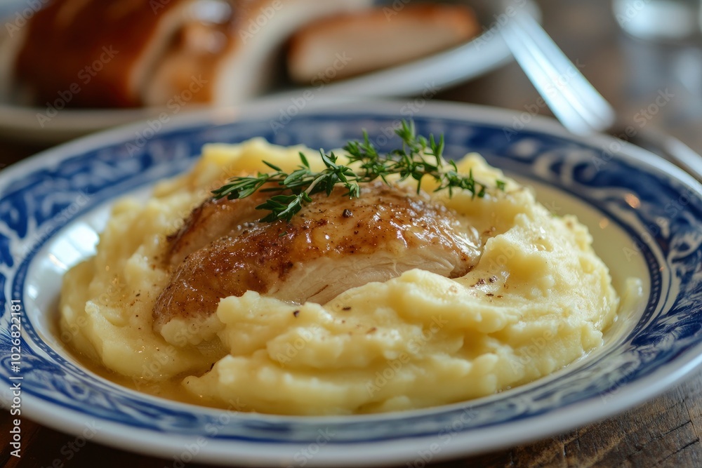 Mashed potatoes, gravy and turkey for Christmas or Thanksgiving dinner table - generative ai Mashed potatoes, gravy and turkey for Christmas or Thanksgiving dinner table - generative ai