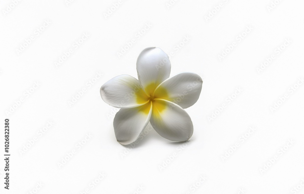 A single white flower with a yellow center is isolated on a white background. A single white flower with a yellow center is isolated on a white background.
