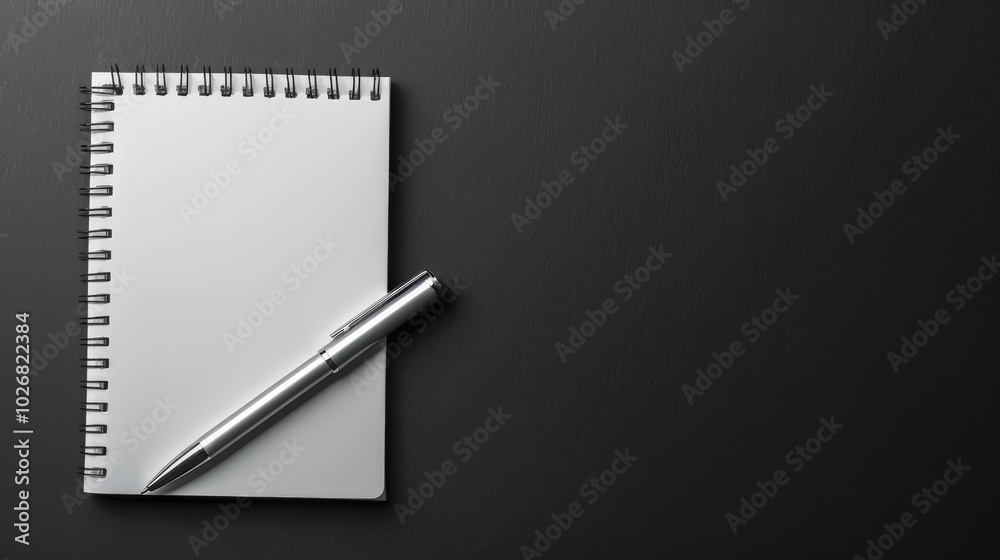 Photo of a notebook and pen on a black background, top view. Web banner Photo of a notebook and pen on a black background, top view. Web banner