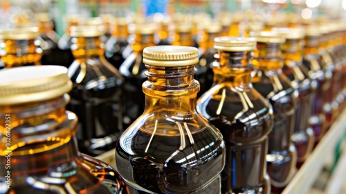 Close-up of amber glass bottles with gold lids on a shelf