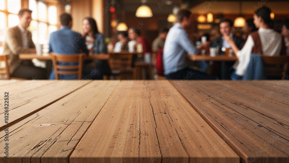 empty wooden deck table stands out against a softly focused background, evoking the warm atmosphere of a bustling cafeteria, coffee shop empty wooden deck table stands out against a softly focused background, evoking the warm atmosphere of a bustling cafeteria, coffee shop