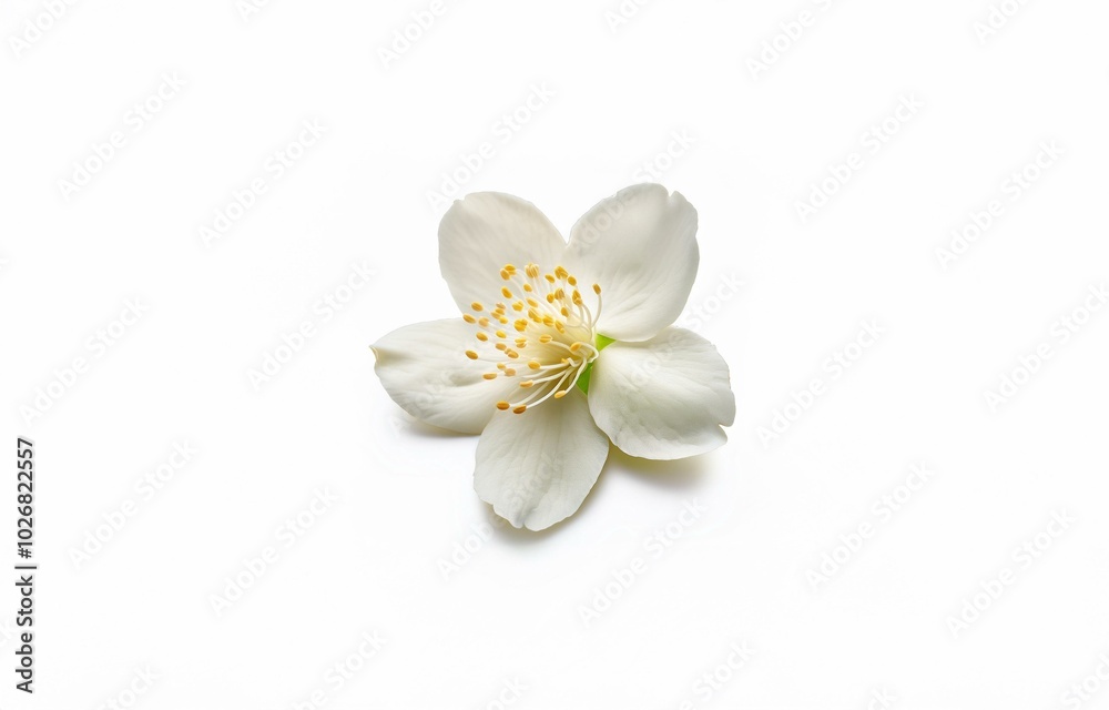A single white flower with yellow pollen and green center, isolated against a white background. A single white flower with yellow pollen and green center, isolated against a white background.