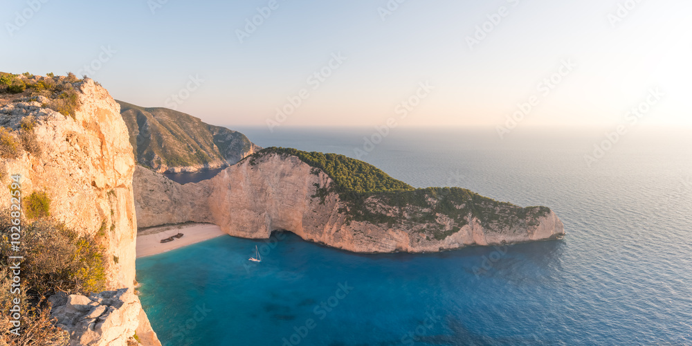 Panoramic sunset on shipwreck beach and sea, Zakynthos, Greece Panoramic sunset on shipwreck beach and sea, Zakynthos, Greece