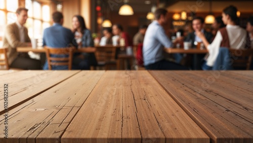  empty wooden deck table stands out against a softly focused background, evoking the warm atmosphere of a bustling cafeteria, coffee shop