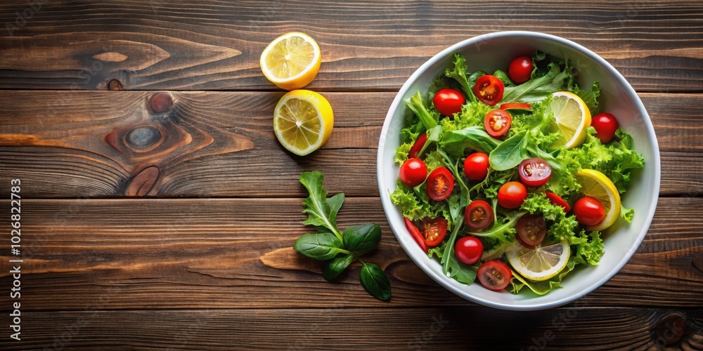 A Rustic Wooden Tabletop Decorated with a Fresh Green Salad with Cherry Tomatoes and Lemon Wedges A Rustic Wooden Tabletop Decorated with a Fresh Green Salad with Cherry Tomatoes and Lemon Wedges