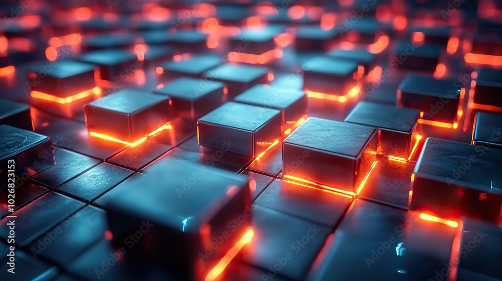 Obraz premium A 3D rendered futuristic light background showcasing a high-tech square block wall texture with a cube tile pattern, highlighting advanced design elements.