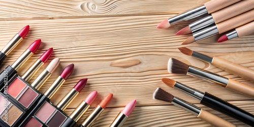 A collection of colorful lipsticks and makeup brushes arranged on a natural wooden surface, creating a vibrant and inspiring backdrop for a beauty or fashion photoshoot. photo