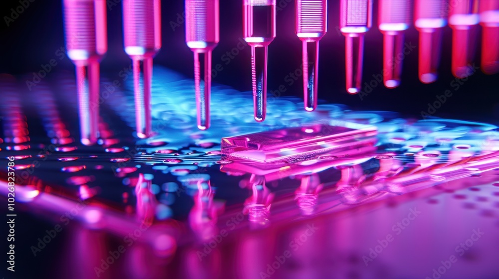 Pink Glass Tubes Reflecting in a Purple Liquid Surface Pink Glass Tubes Reflecting in a Purple Liquid Surface