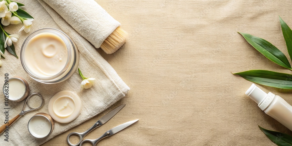 A flat lay of a spa treatment with a cream jar, two small jars, a towel, a brush, a bottle, two pairs of scissors, and flowers and green leaves A flat lay of a spa treatment with a cream jar, two small jars, a towel, a brush, a bottle, two pairs of scissors, and flowers and green leaves