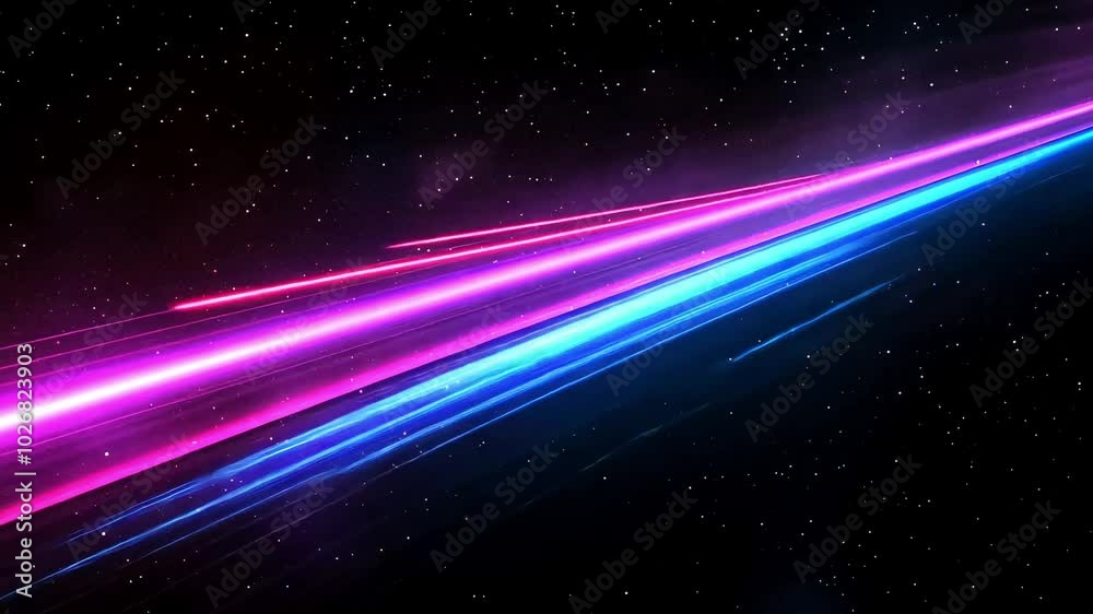 Abstract background of pink and blue lights streaks across a black background with white stars scattered throughout.