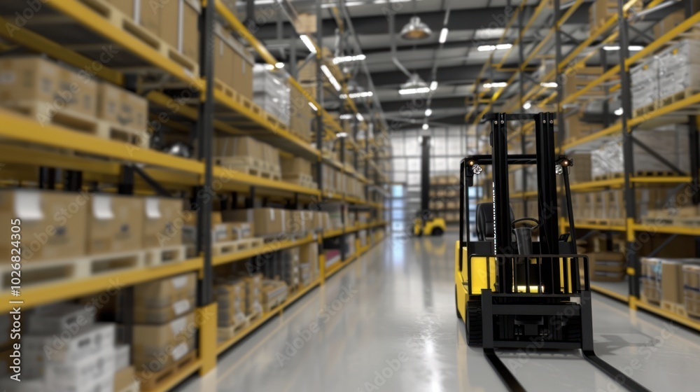 Forklift in a Large Warehouse with Yellow Shelving and Boxes Forklift in a Large Warehouse with Yellow Shelving and Boxes