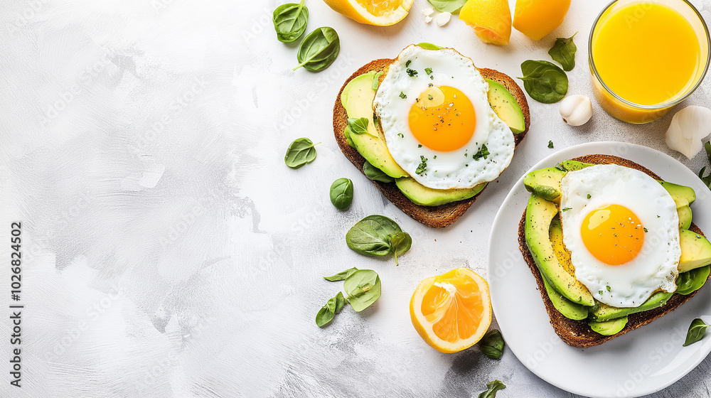 Fresh avocado toast topped with eggs and served with orange juice Fresh avocado toast topped with eggs and served with orange juice