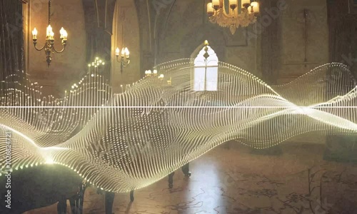 baroque harpsichord notes glowing softly, creating intricate waveforms that ripple like lace across a grand ballroom. photo