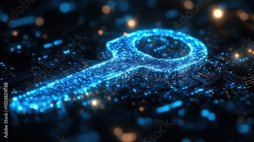 A blue key on a digital background symbolizes online safety, data protection, and blockchain technology security.