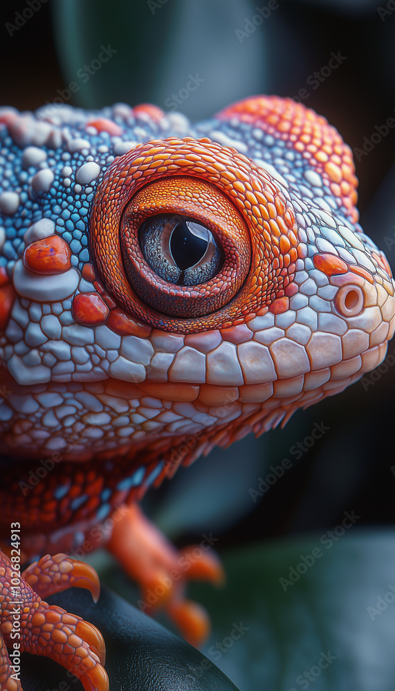 Obraz premium A vibrant close-up of a beautifully detailed reptile showcasing intricate textures and colors in a lush setting during golden hour