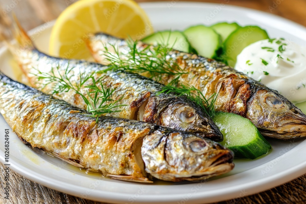 Roasted sardines with a salad of cucumber and yogurt on a wooden background. Mediterranean cuisine - generative ai Roasted sardines with a salad of cucumber and yogurt on a wooden background. Mediterranean cuisine - generative ai