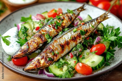 Roasted sardines with a salad of cucumber and yogurt on a wooden background. Mediterranean cuisine - generative ai