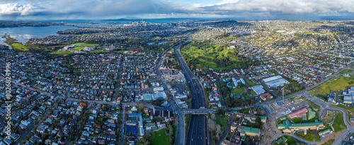 Aerial: Northwestern motorway, Auckland, New Zealand photo