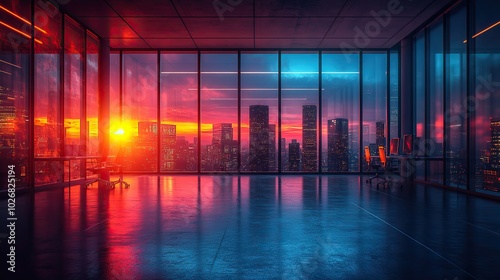 A blurred open space office with neon cyberpunk aesthetics, overlaying information technology elements to illustrate corporate strategies in a futuristic setting.