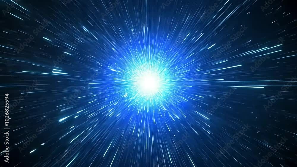 Abstract blue light streaks and white dots radiating from a bright center on a dark background.