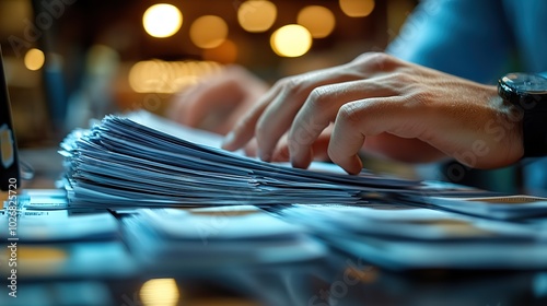 A businessman manages documents on a computer, utilizing an online database for efficient digital file storage and record-keeping.