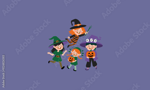 Happy kids in Halloween costumes trick-or-treating.
