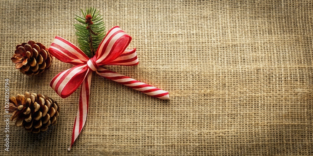 Red and White Striped Bow with Pine Sprig and Pine Cones on Rustic Burlap Background Red and White Striped Bow with Pine Sprig and Pine Cones on Rustic Burlap Background