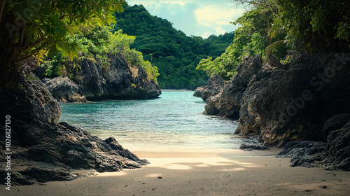 secluded tropical beach cove surrounded by lush green foliage and rugged rocks