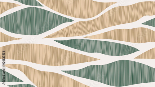 Abstract seamless pattern featuring organic shape filled with vertical lines of soft neutral green and beige on a grey background