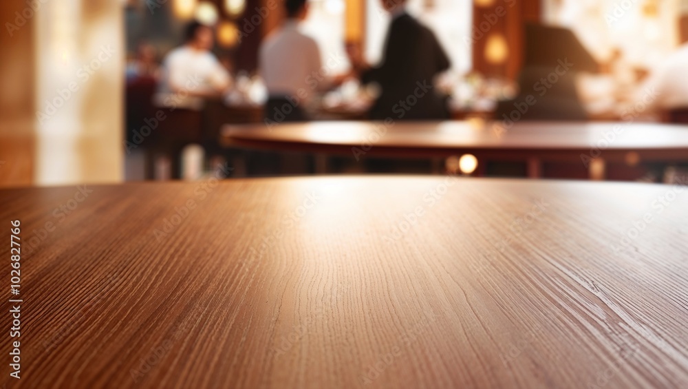 empty wooden table top, with a blurred out-of-focus background that hints at the bustling atmosphere of a stylish restaurant empty wooden table top, with a blurred out-of-focus background that hints at the bustling atmosphere of a stylish restaurant