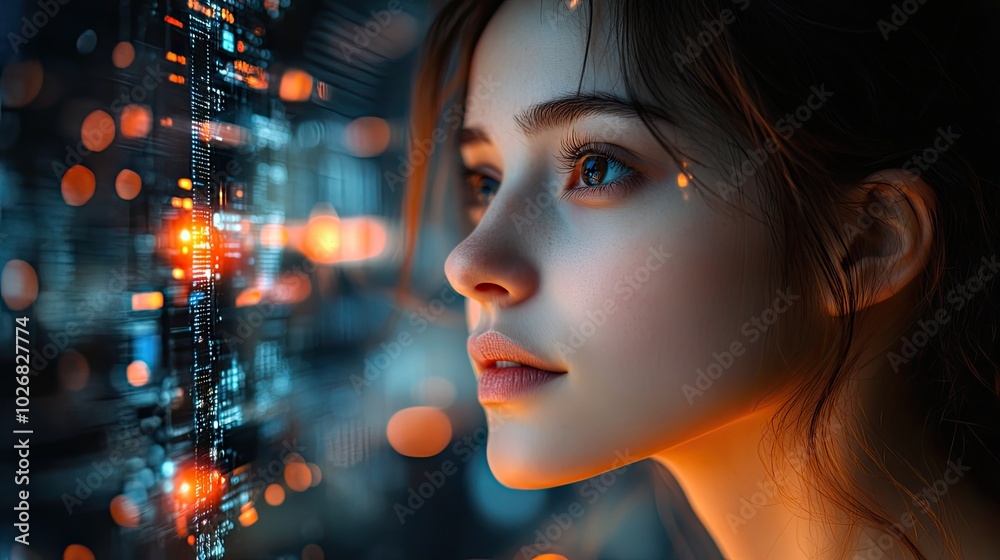 A conceptual design features a woman interacting with next-generation technology, illustrating the digital transformation era. A conceptual design features a woman interacting with next-generation technology, illustrating the digital transformation era.