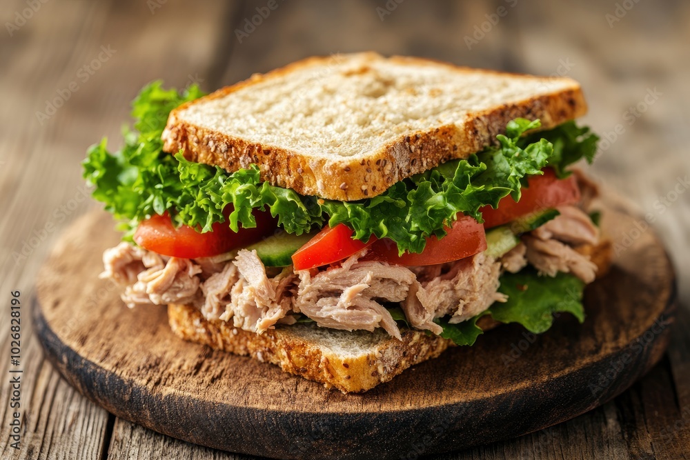 rye bread sandwich with tuna and vegetables on wood background - generative ai rye bread sandwich with tuna and vegetables on wood background - generative ai