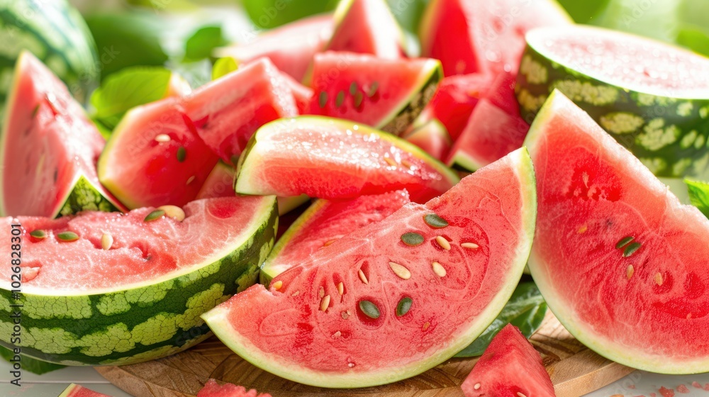 Slices of Juicy Watermelon with Seeds and Green Rind on a Wooden Board Slices of Juicy Watermelon with Seeds and Green Rind on a Wooden Board