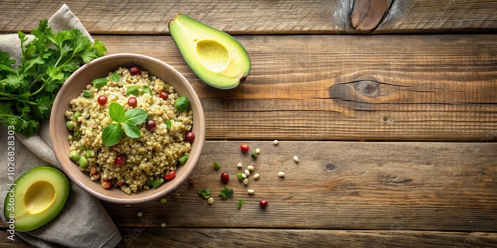 A bowl of couscous with fresh vegetables and avocado halves, a rustic wooden background, and scattered herbs. A bowl of couscous with fresh vegetables and avocado halves, a rustic wooden background, and scattered herbs.
