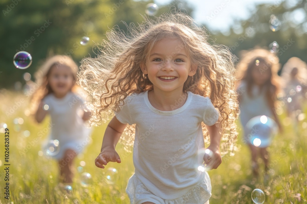 Little Girl Running Through a Field of Bubbles Little Girl Running Through a Field of Bubbles