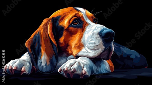 A cute basset hound is depicted on a dark background using technology, blending traditional art with digital creation methods. photo