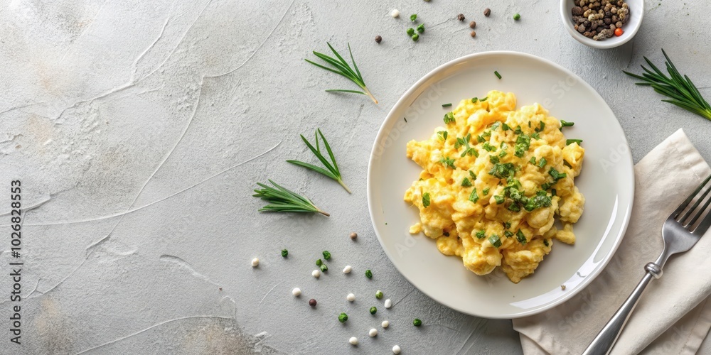 A plate of fluffy scrambled eggs topped with fresh herbs, peppercorns, and white pepper on a textured gray surface. A plate of fluffy scrambled eggs topped with fresh herbs, peppercorns, and white pepper on a textured gray surface.