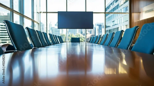 Empty conference room table with blue chairs and a screen.