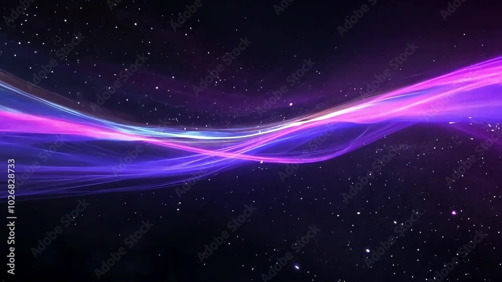 Abstract purple and blue light streaks on a dark background with glowing white particles. Abstract purple and blue light streaks on a dark background with glowing white particles.