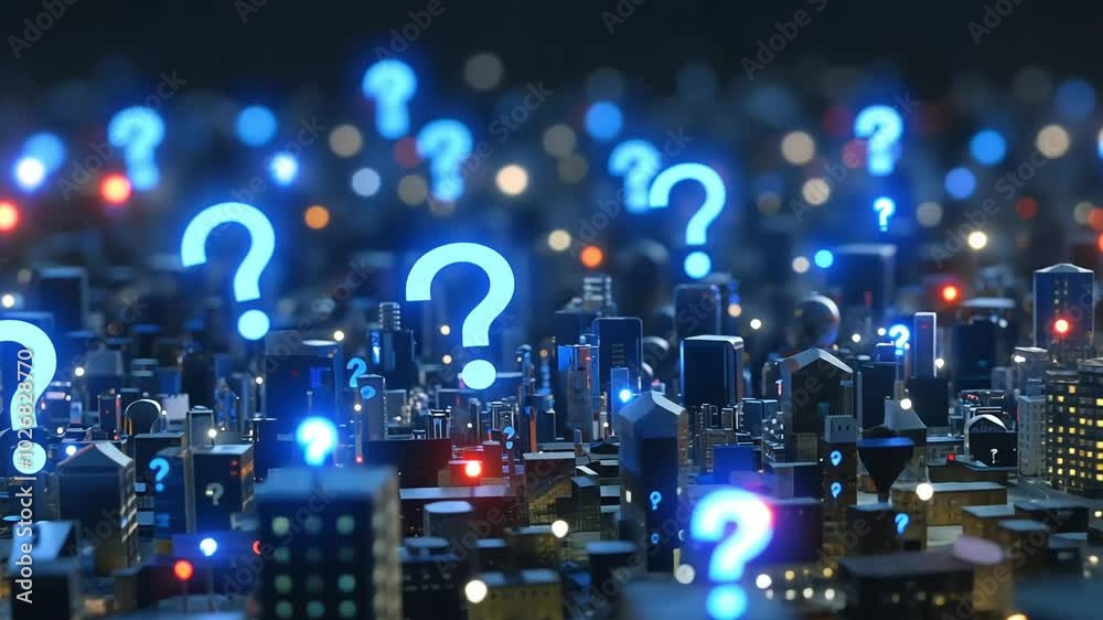 A miniature city with glowing blue question marks floating above it, representing the unknown and uncertainty of urban life.