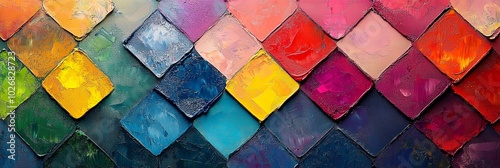 A background of small, colorful squares in various shades of vibrant colors arranged like diamonds on an oil painting canvas photo