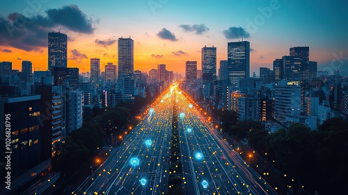 A depiction of a modern city connected through wireless networks, highlighting the role of communication technologies in cityscapes.