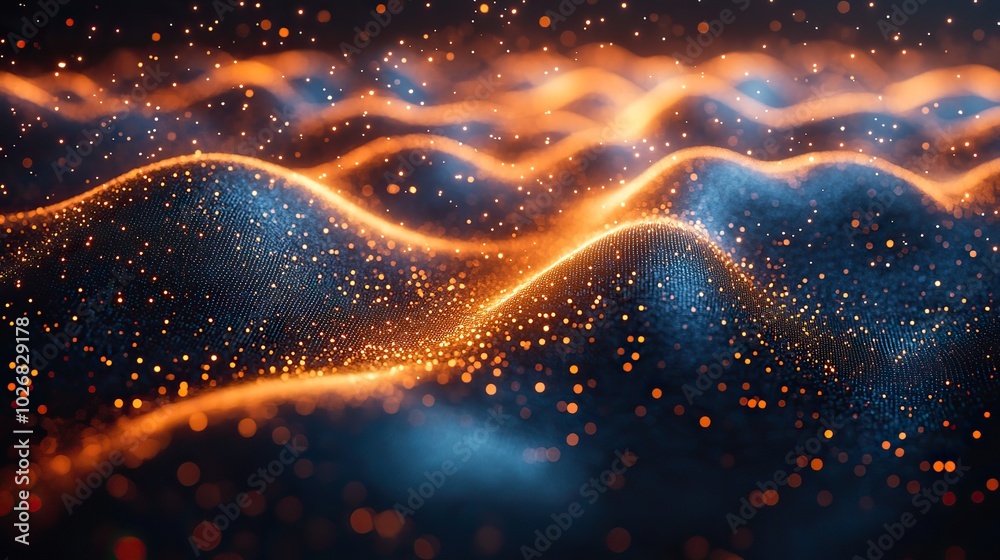 A detailed grid surface with glowing particles enhances visualizations of science and technology backgrounds.