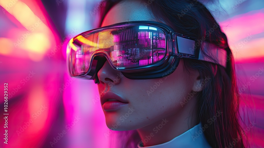 A digital art illustration of a woman in VR glasses captures the essence of futuristic technology in a neon-lit environment. A digital art illustration of a woman in VR glasses captures the essence of futuristic technology in a neon-lit environment.