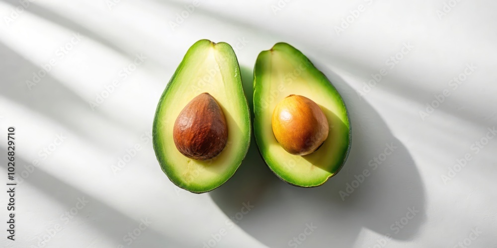 Two halves of a fresh avocado with their pits still inside, illuminated by soft sunlight creating delicate shadows on a white surface. Two halves of a fresh avocado with their pits still inside, illuminated by soft sunlight creating delicate shadows on a white surface.
