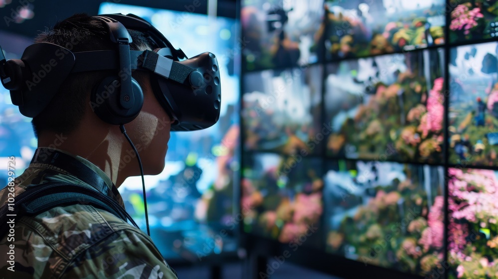 A virtual reality user immersed in a fully interactive digital environment, wearing advanced VR gear A virtual reality user immersed in a fully interactive digital environment, wearing advanced VR gear
